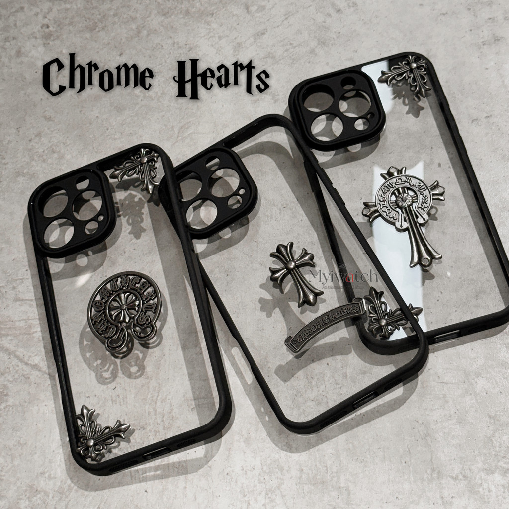 Chrome Hearts อะคริลิคโปร่งใสสําหรับ iPhone 16 15 14 13 12 Pro Max โลหะ Rivets การออกแบบครอบคลุมเต็มรูปแบบ Anti Falling ฝาครอบ