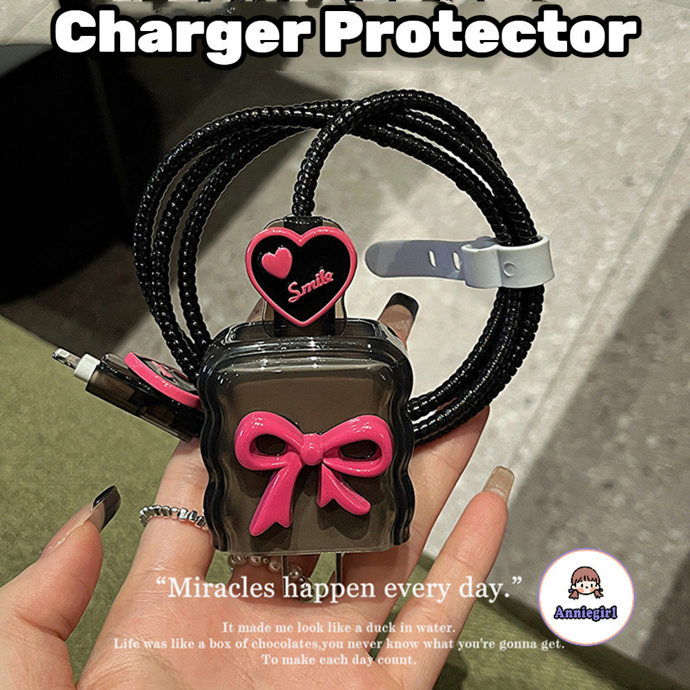 Ins 3D Bowknot สีดํา Charger Protector สําหรับ Iphone 18/20W ป้องกันสิ่งสกปรก Data Line Winder ทนต่อการสึกหรอสาย Winder Protector สําหรับ USB/Type-C