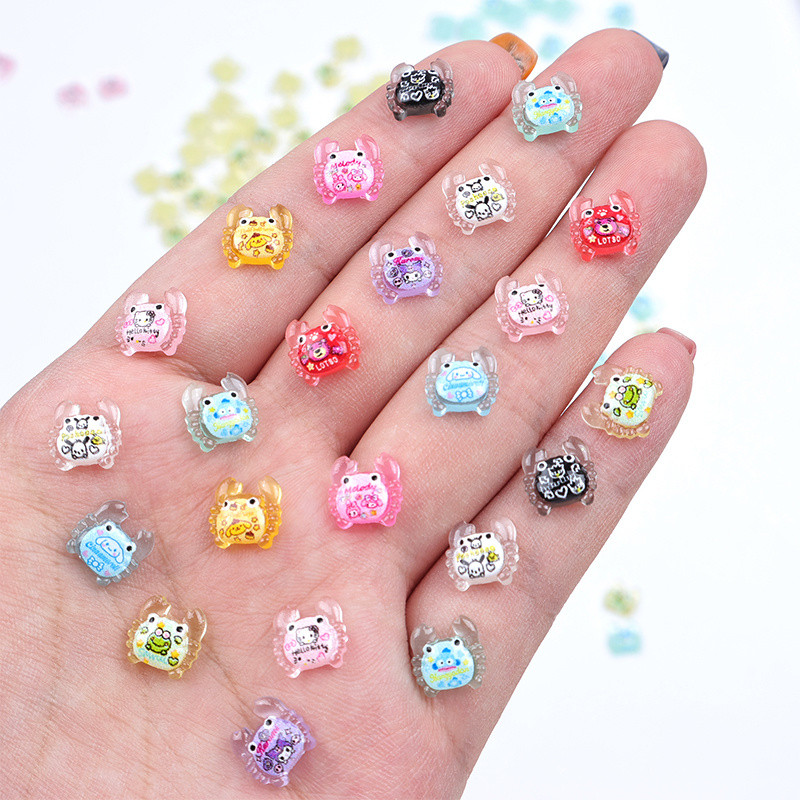 100 น่ารัก Mini Luminous Crab Sanrio Nails-Multicolor Flat Back Rhinestone Decals เหมาะสําหรับ Creative DIY Art Nails ตกแต่ง