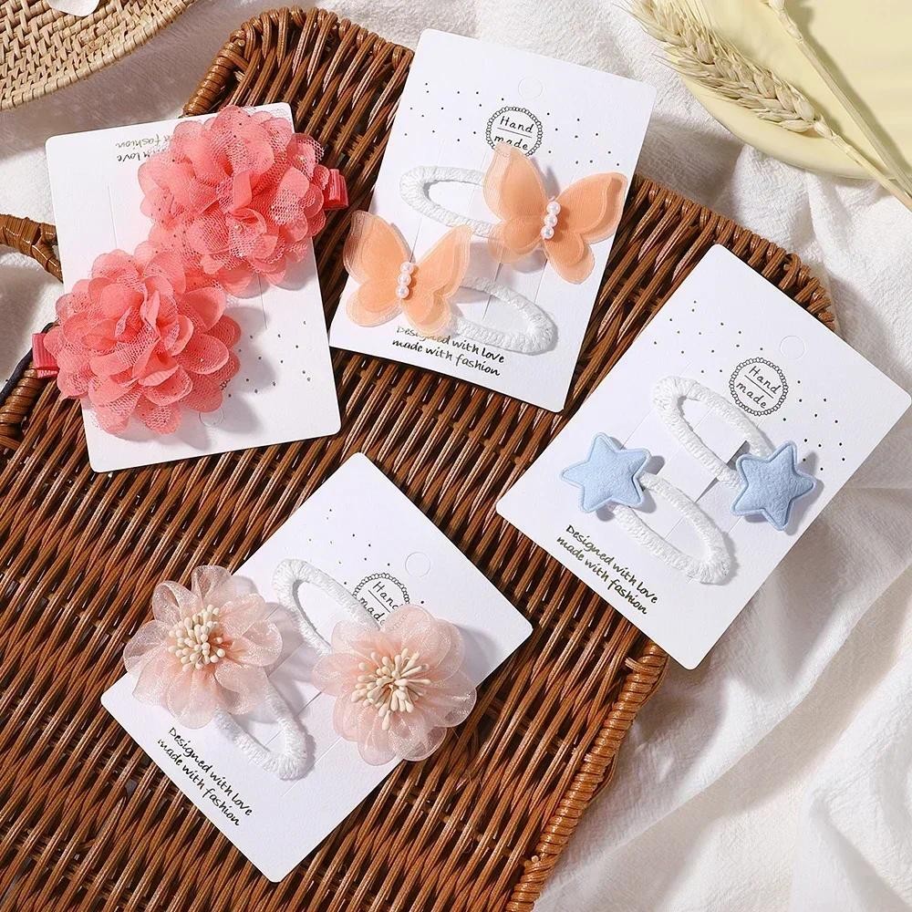 2 ชิ้น/เซ็ตสาวน่ารักดอกไม้โบว์ดาวสีทึบปลอดภัยไนลอน & ถัก & ตาข่ายเด็กคลิปผมอุปกรณ์เสริม กิ๊บ สําหรับเด็ก