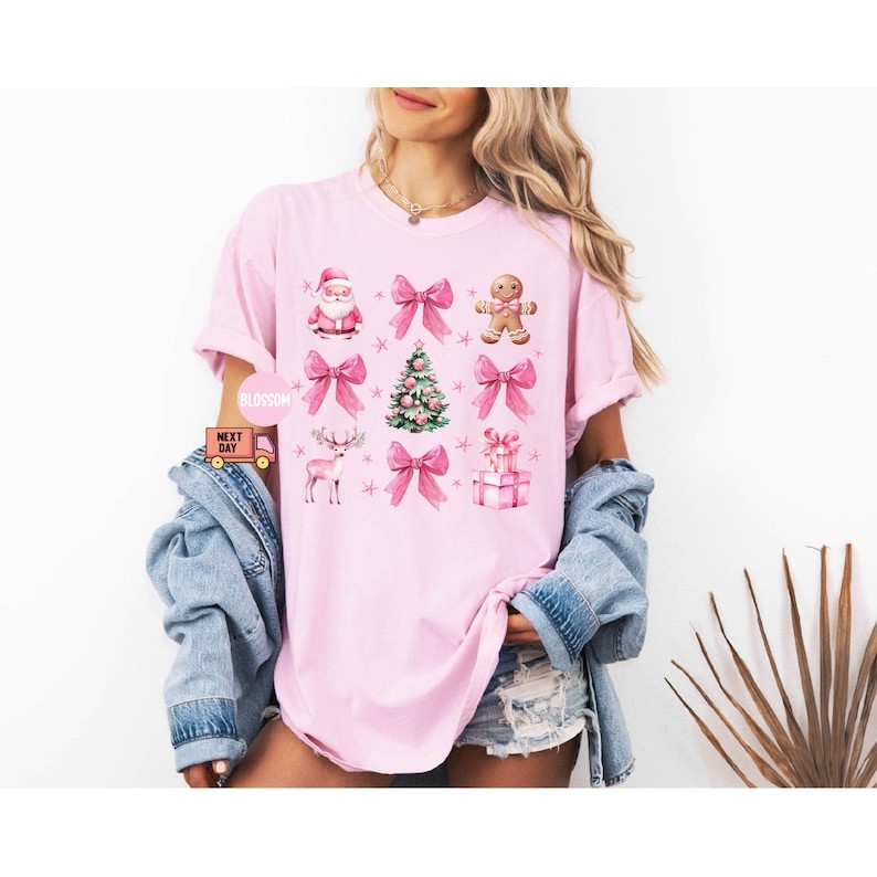 Comfort Colors Coquette Christmas Shirt, Pretty Pink Bows, Santas and Gingerbread Shirt,Festive Holi