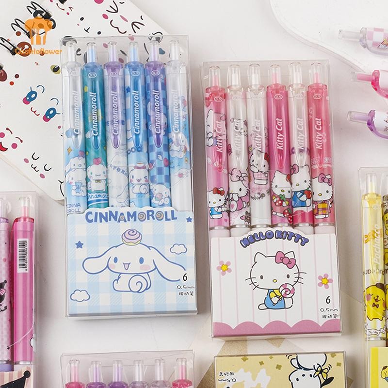 Ckfr 6 ชิ้น Kawaii Sanrio Hello Kitty ปากกาเจลการ์ตูน Pochacco Cinnamoroll Kuromi แห้งเร็วกดปากกาสีดําเครื่องเขียนอุปกรณ์ใหม่