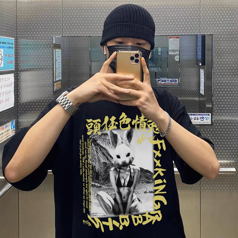 #FR2 เสื้อยืด Fxxking Rabbits สําหรับคู่รักเสื้อยืดแขนสั้นสไตล์อเมริกันย้อนยุค