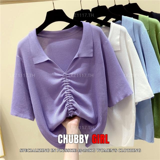 Plus size เสื้อผ้าสาวอวบ เสื้อยืดสาวอวบอ้วน ไซส์ใหญ่ ผู้หญิง เสื้อไหมพรม ทรงหลวม แขนสั้น คอปก เชือกรูด ฤดูร้อน สไตล์เกาหลีแฟชั่