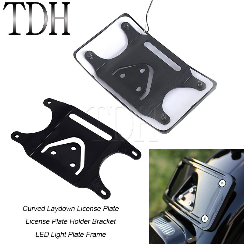 TH Curved 7-1/4" x 4-1/4" License Plate LED Light Registration Frame Bracket Holder for Harley Softa