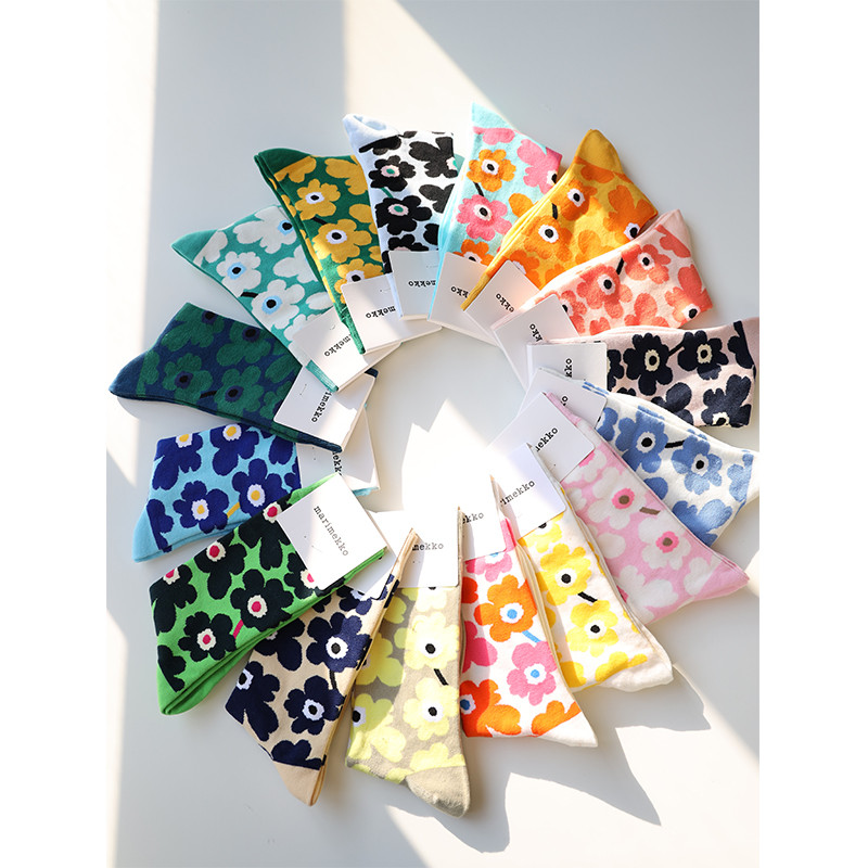 Added marimekko Finnish ดอกไม้ถุงเท้าผ้าฝ้ายแฟชั่น Fine Mid-Tube ถุงเท้า Four Seasons สวมใส่ถุงเท้า