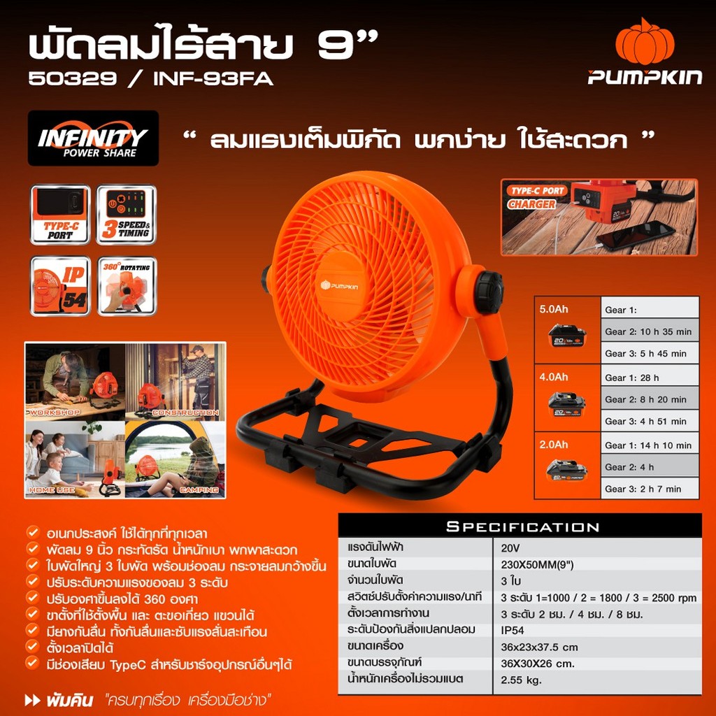 PUMPKIN พัดลมไร้สาย 9นิ้ว พัดลมตั้งพื้น INFINITY POWER 20V ( เครื่องเปล่า ) รุ่น INF-93FA/50329