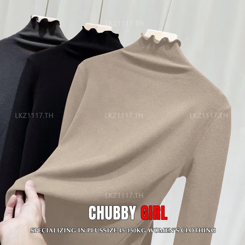 Plus size เสื้อยืดสาวอวบ ไซส์ใหญ่ ผู้หญิง เสื้อยืดสีพื้น แขนยาว ทรงหลวม คอเต่า ฤดูใบไม้ร่วง สไตล์เกาหลีแฟชั่น