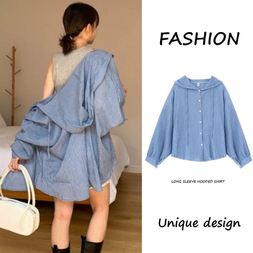mimi&didi เสื้อเชิ้ตมีฮู้ดลายสก๊อตสำหรับผู้หญิง สไตล์เกาหลี แขนยาว ลำลอง แฟชั่นเรียบง่าย ใส่สบาย #W510