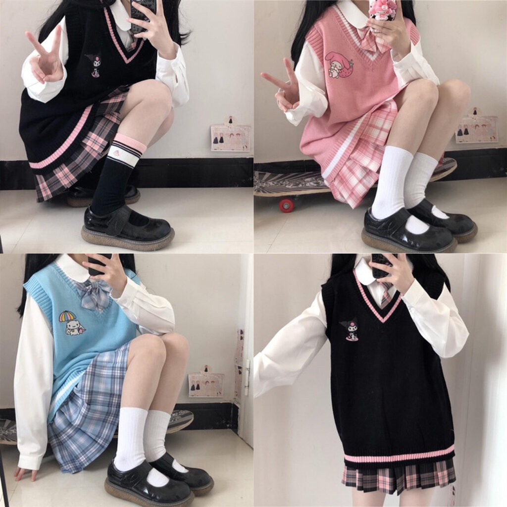พร้อมส่ง เสื้อกั๊กสีพาสเทล ลายMymelody Kuromi Cinnamoroll ลายน่ารัก JK DK ใส่กับชุดนักเรียนน่ารักมาก