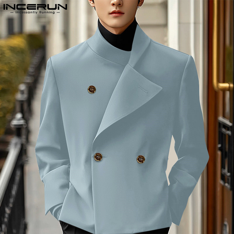 Incerun เสื้อเบลเซอร์แขนยาวสีทึบ Deconstructed สําหรับผู้ชายวินเทจ