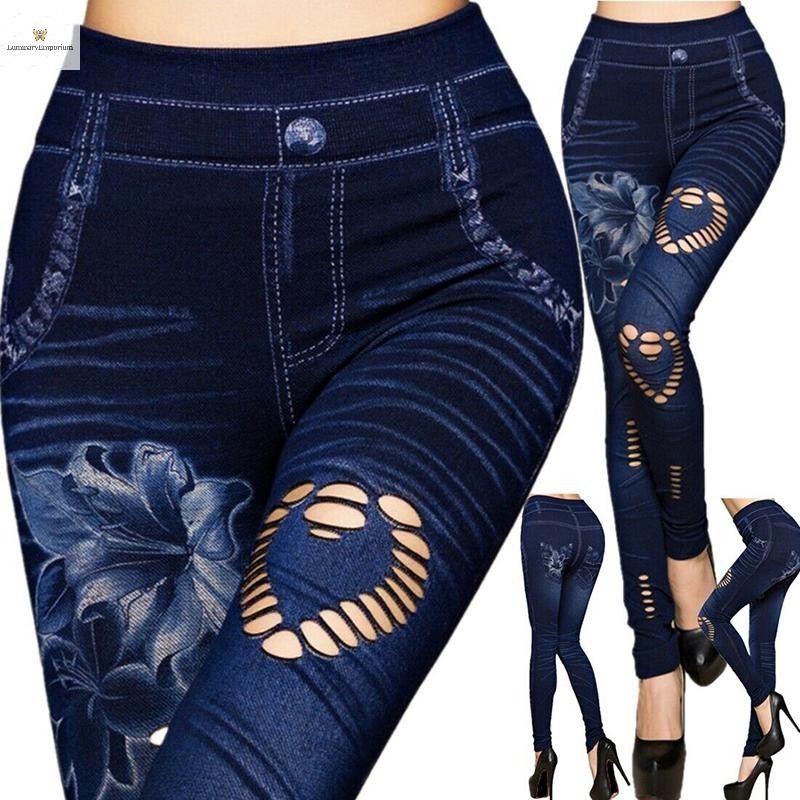 Cod ผู้หญิงเซ็กซี่ Faux Denim Jean Slim Fit Leggings กางเกงกางเกงกางเกงยืดหยุ่นกางเกงขายาวใหม่
