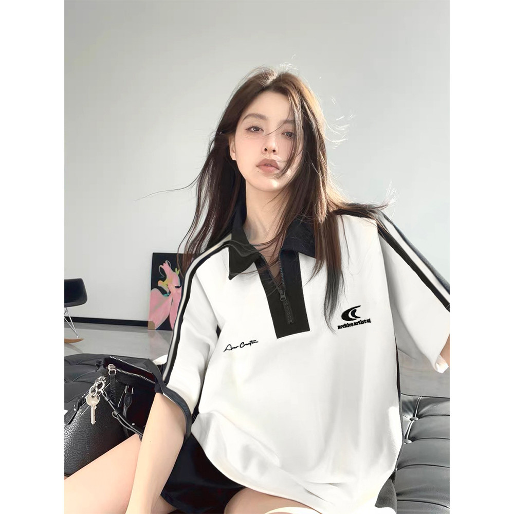 ส่งไวจากไทย TAYCEN เสื้อโปโล เสื้อยืด คอปก แขนสั้น สไตล์เกาหลี โอเวอร์ไซซ์ เย็บปักถักร้อย