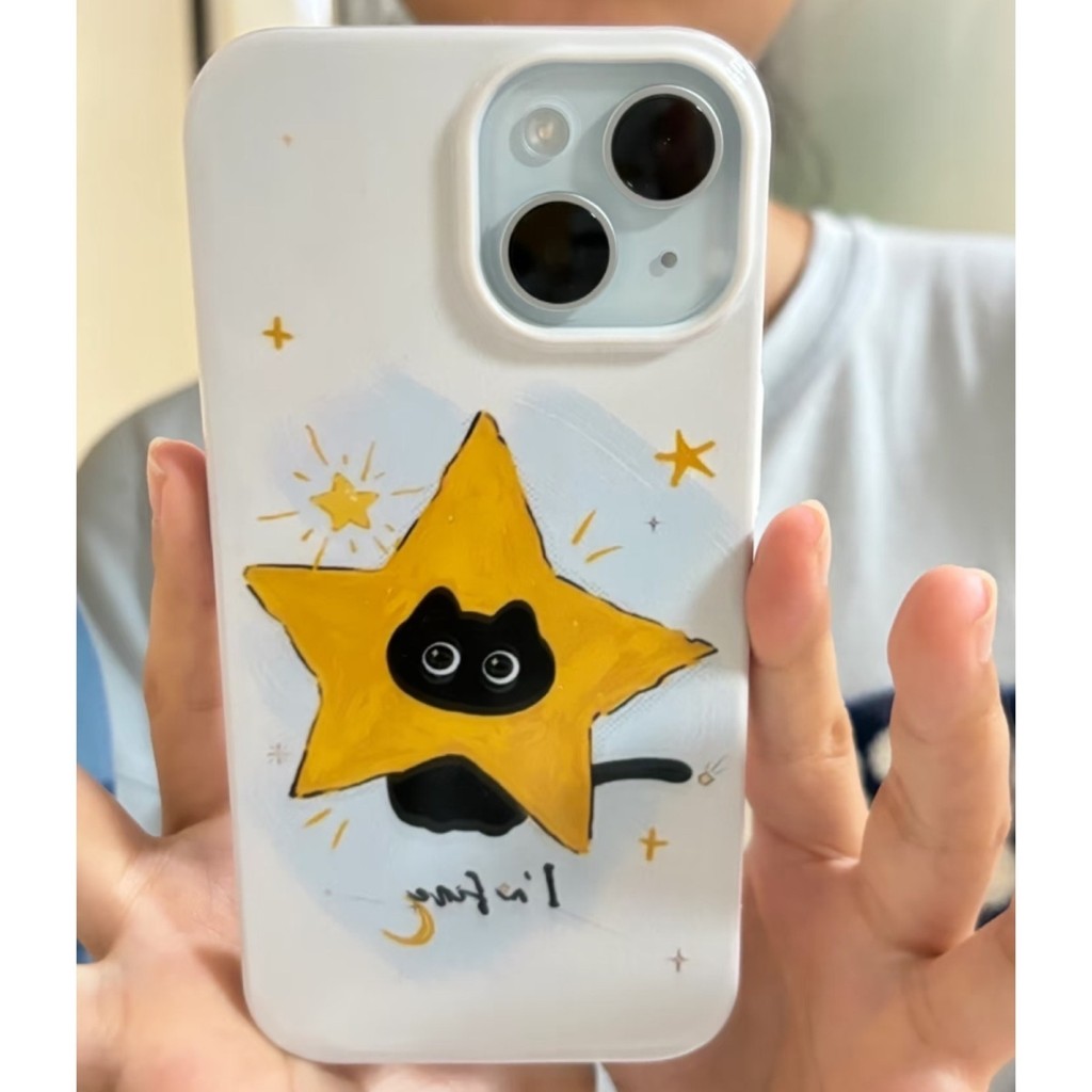 Yellow Star Black Cat Head เหมาะสําหรับ Apple 16/15 เคสโทรศัพท์ 14/13/12 ขอบตรง XR/XS Soft Case 7p/8plus/11p เคสโทรศัพท์