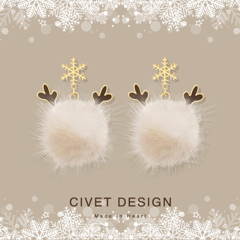 1 คู่ Original Antler Fur Ball ต่างหูคริสต์มาสน่ารักฤดูหนาว Snowflake เงินสเตอร์ลิงต่างหู Maillard อุปกรณ์เสริม
