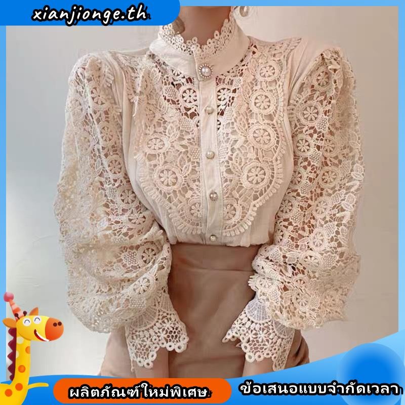 เสื้อเชิ้ต คอปกตั้ง ปักลายลูกไม้ สไตล์เกาหลี เรโทร สําหรับผู้หญิง