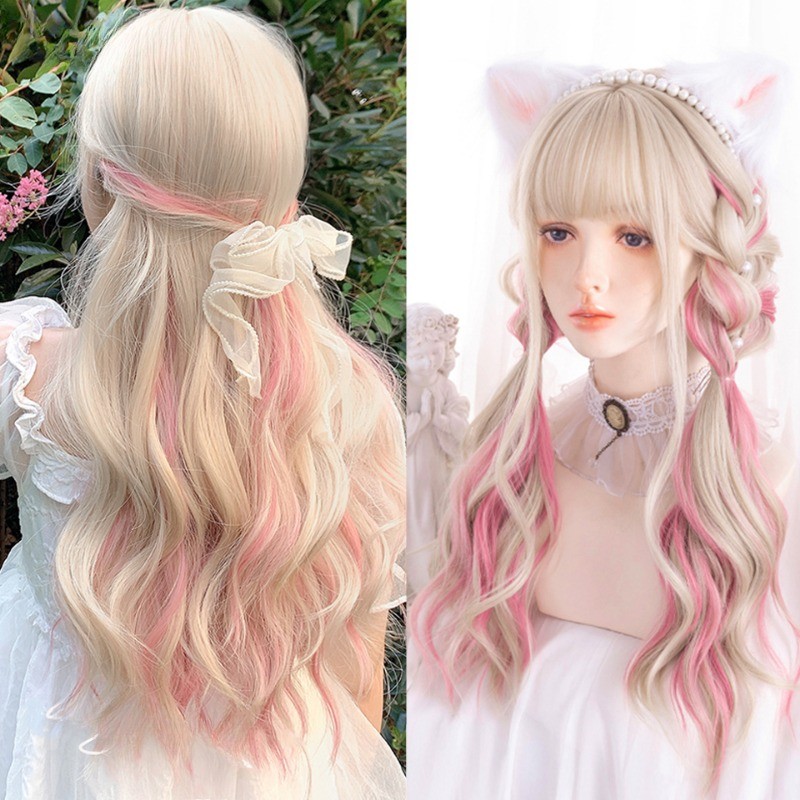 ยาวหยักสังเคราะห์ Lolita วิกผม Bangs ผู้หญิง Kawaii คอสเพลย์ฮาโลวีนไฮไลท์ Pale Gold สีชมพูคอสเพลย์วิกผม