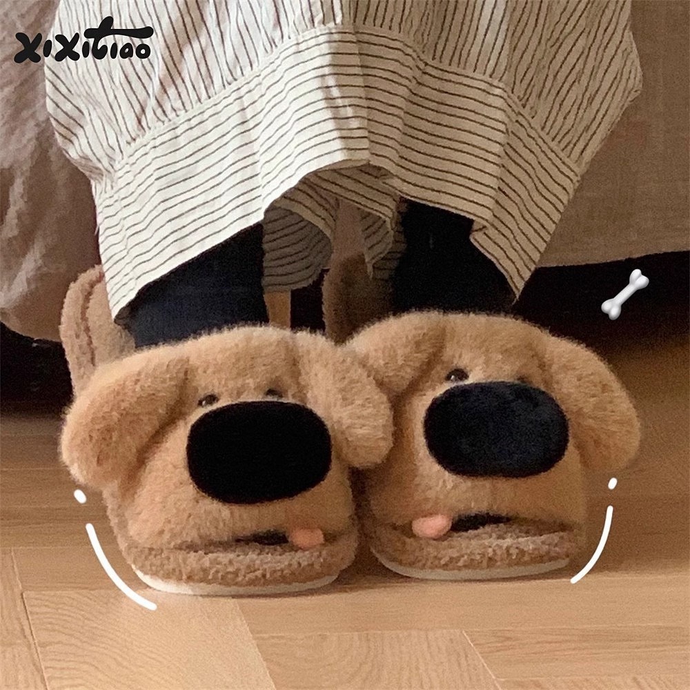 ฉี่ รองเท้าแตะผ้าฝ้ายลูกสุนัขผู้ชายผู้หญิงสบายๆในร่มคู่ที่อบอุ่น