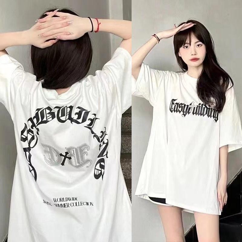 BIMI เสื้อยืดสวยๆผู้หญิง เสื้อท่อนบนเสื้อยืดสตรีแนวสตรีทสไตล์อเมริกันฮิปฮอปสไตล์ฮ่องกงแขนสั้นท็อปแขนสั้นหลวม