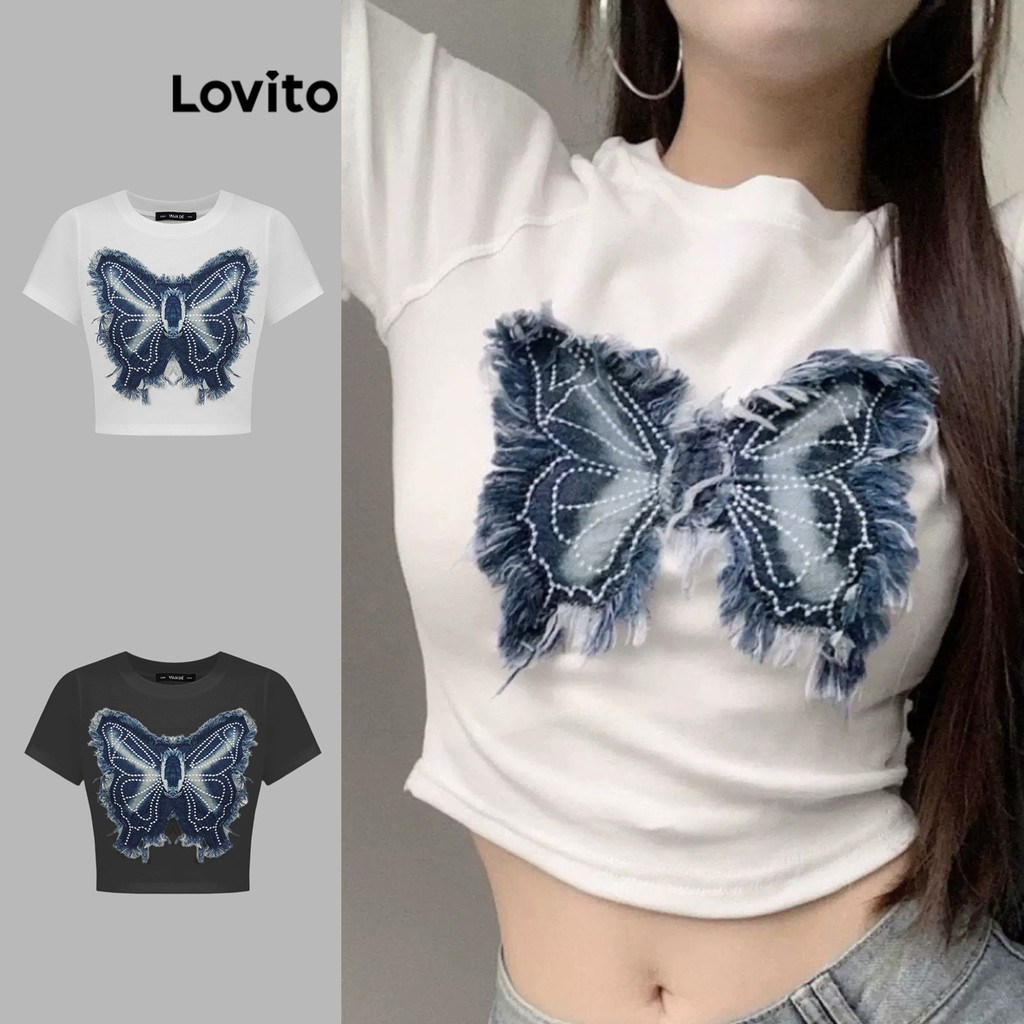 Lovito เสื้อยืดผู้หญิง เย็บปะแผ่นแพทช์ ผ้าฟอก รูปผีเสื้อ สไตล์น่ารัก L97AD165