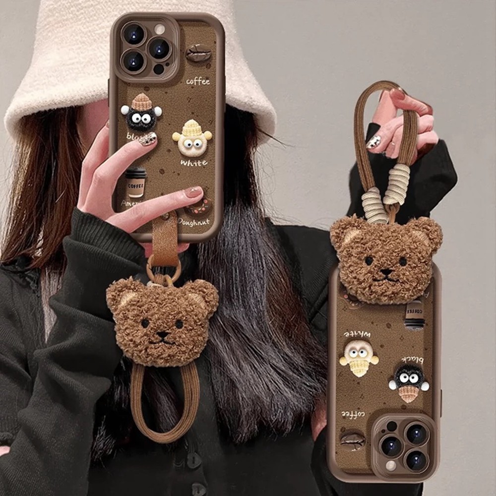 หนัง Lanyard สําหรับ IPhone 14 15 16 Plus 13 12 11 Pro MAX 7 8 Plus X XR SE 2020 15Pro 16Pro XS MAX เคสโทรศัพท์ตัดการ์ตูนหมี Clown กาแฟกล้อง Protector นุ่มฝาครอบโซ่