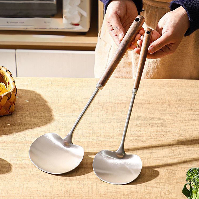 พลั่วเห็ดสแตนเลสด้ามไม้-ไม้พายทําอาหารป้องกันน้ําร้อนลวกเครื่องครัว - รูปที่ 6