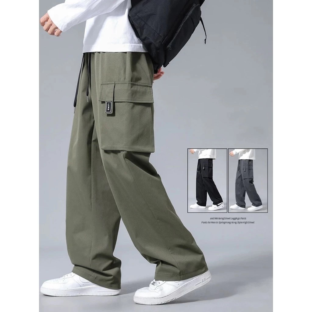 กางเกงคาร์โก้สําหรับผู้ชายกางเกง ไม่จํากัดเพศ ย้อนยุคแฟชั่น สตรีทแวร์ สไตล์เกาหลีหลวมตรงกางเกงตัด