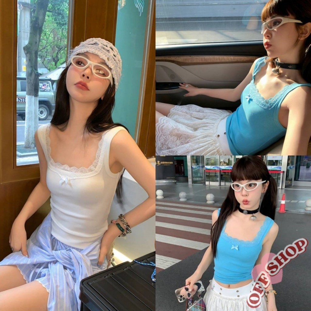 OFF SHOP 🥻ใหม่ 2025 เสื้อกล้าม แต่งโบว์ ขอบลูกไม้ มีฟองน้ำ ยืดกำลังดี' FY6946