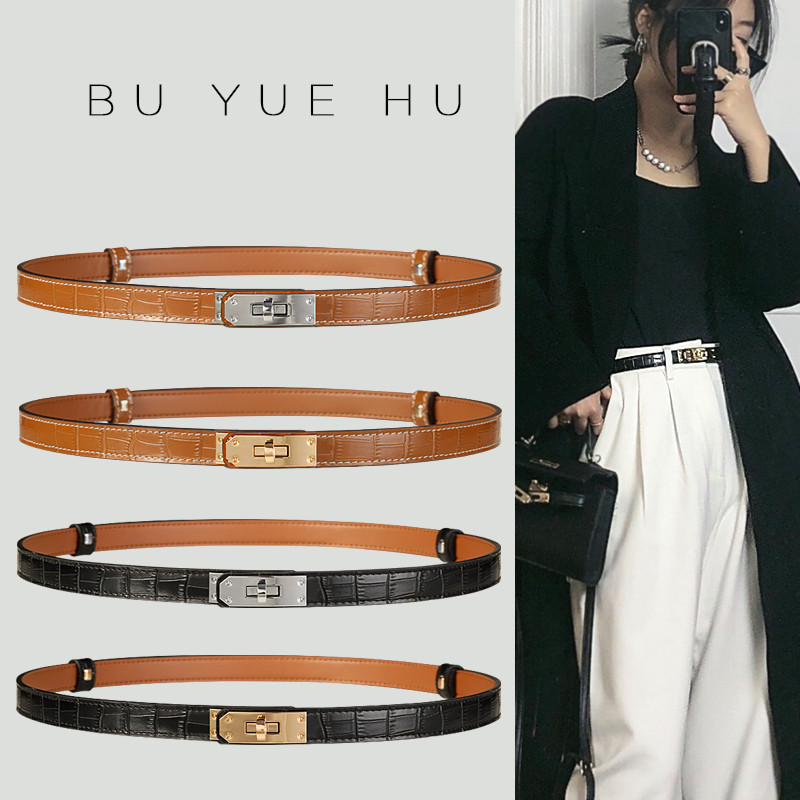 สายเข็มขัด Hermes Kelly สำหรับผู้หญิง ลายจระเข้ หนังแท้ สายเข็มขัดบางสำหรับตกแต่งเสื้อโค้ท ชุดเดรส ก