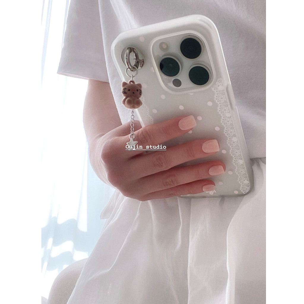 สไตล์เกาหลี ins สไตล์ Girly น่ารักการ์ตูนแมวสีชมพู Polka Dot ขอบลูกไม้ 16promax/15pro/14/13/12 Frosted โปร่งใสสีขาว Soft Shell โทรศัพท์มือถือกรณีป้องกัน