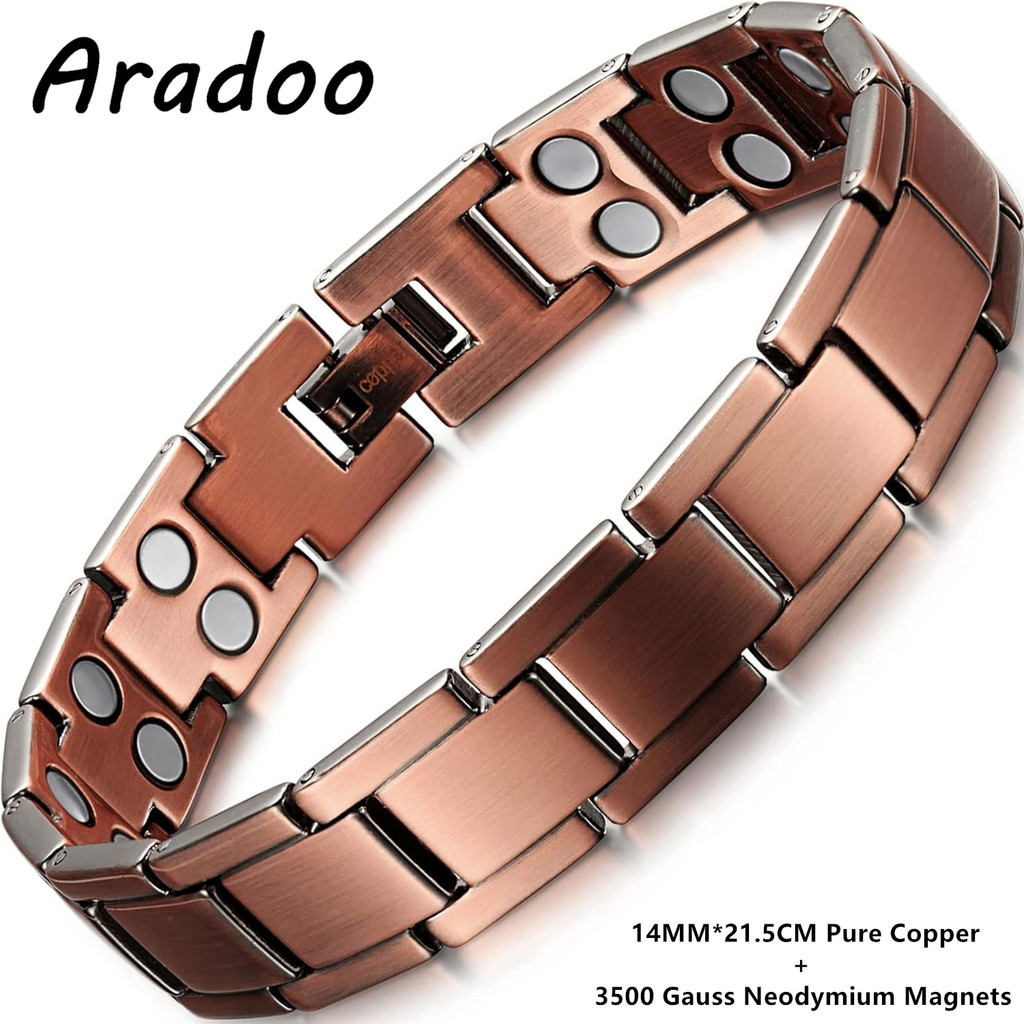 Aradoo ทองแดงบริสุทธิ์คู่แถวสร้อยข้อมือแม่เหล็ก 3500 Gauss สร้อยข้อมือแม่เหล็กสําหรับชาย Minimalist Design เครื่องประดับของขวัญ