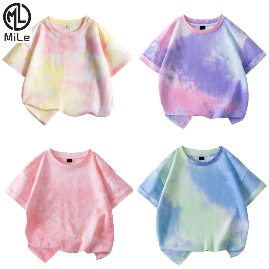 [ML] 90-140 ซม.ชายหญิงเสื้อยืดแขนสั้นเด็กแฟชั่นฤดูร้อน Tie-Dye ครึ่งแขนสไตล์ใหม่แฟชั่นอินเทรนด์