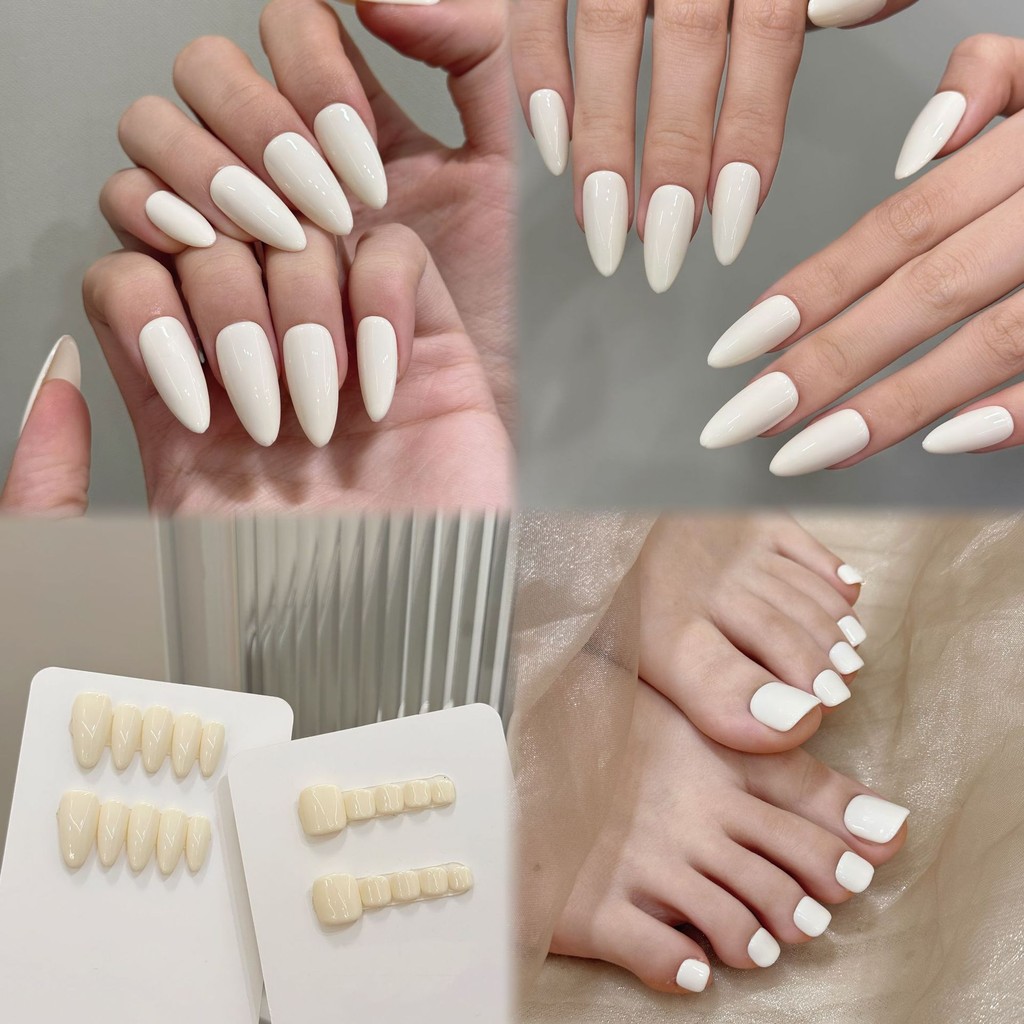 ทำมือ+กาวฟรี เล็บปลอมสีขาว รูปทรงอัลมอนด์เรียบง่าย สำหรับนิ้วมือและเท้า แพทช์เล็บปลอมแบบกดบนเล็บ ใช้ซ้ำได้