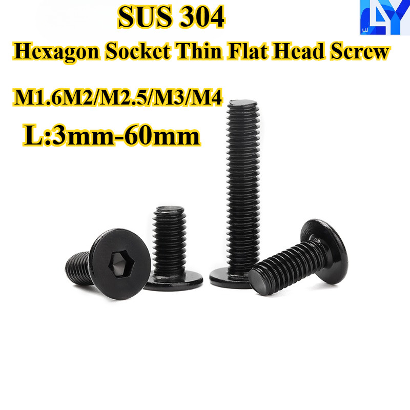 [LMQ-NLJLS] สกรูหัวแบนบาง SUS 304 สีดํา M1.6M2/M2.5/M3/M4 สกรูหัวแบน, ความยาว 3 มม.-60 มม. สกรูเฟอร์นิเจอร์