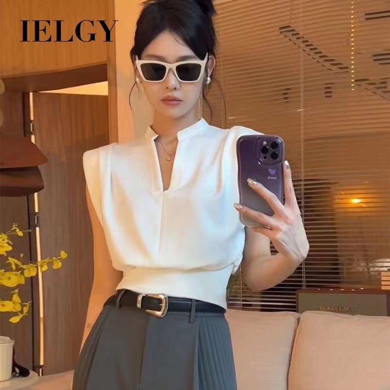IELGY เสื้อยืดเสื้อกั๊กสไตล์ฝรั่งเศสสําหรับผู้หญิงแขนบินสั้นและเสื้อคอวี