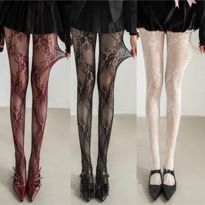Retro ผู้หญิงดอกไม้หวาย Fishnet Tights HosieryLace ดอกไม้ Bottomed Gothic ตาข่าย Hollowed Pantyhose