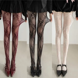 Retro ผู้หญิงดอกไม้หวาย Fishnet Tights HosieryLace ดอกไม้ Bottomed Gothic ตาข่าย Hollowed Pantyhose