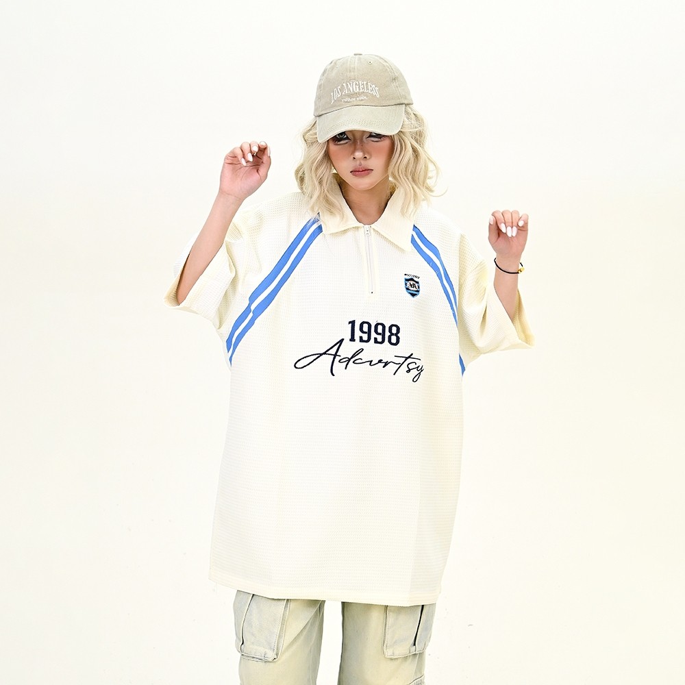 ProMan-เสื้อโปโลวาฟเฟิลผู้ชายเย็บแถบสีอินเทรนด์คู่สวมหลวม