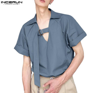 ไม่แน่นอน เสื้อเชิ้ตแขนสั้นคอปกดีไซน์หัวเข็มขัดโลหะแฟชั่นผู้…