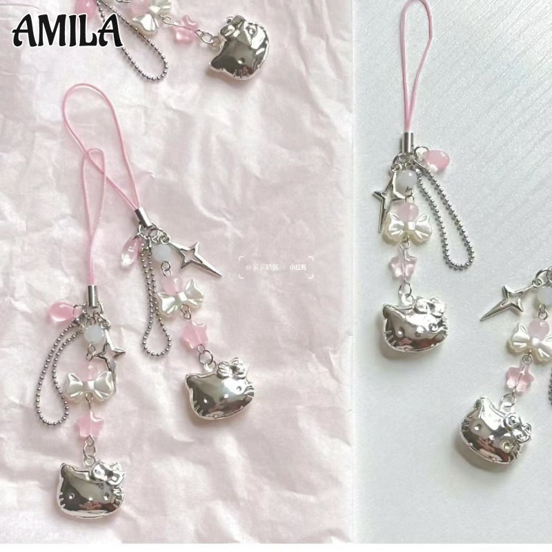 AMILA จี้ห้อยกระเป๋า Hello Kitty สาวหัวใจลูกปัดตกแต่งโซ่โทรศัพท์