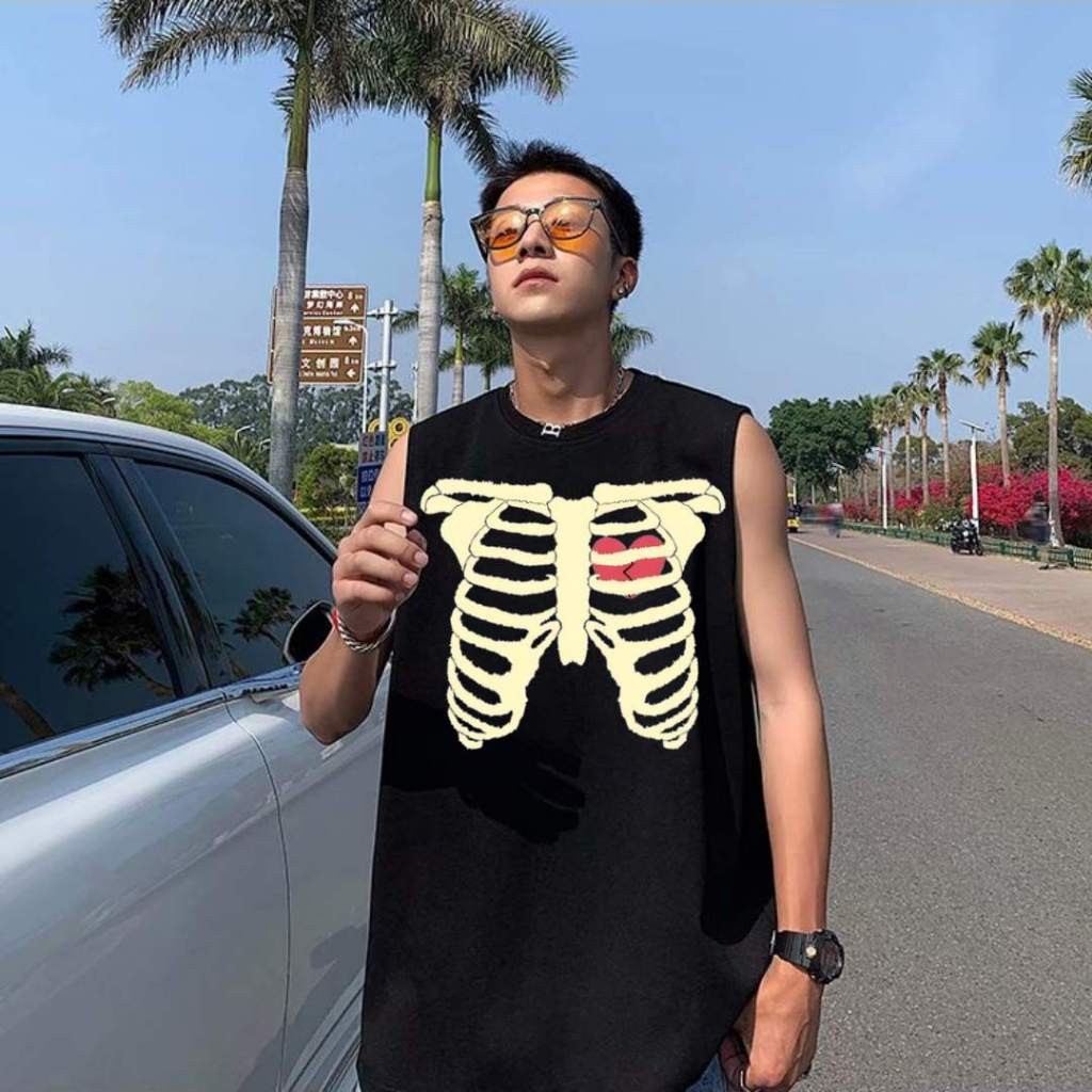 [COD] เสื้อยืด แขนกุด เสื้อกล้าม oversize ผ้าCotton100% แฟชั่น แนวสตรีท เสื้อผู้ชาย 'BONE' แขนสั้น เสื้อวินเทจ s-3xl