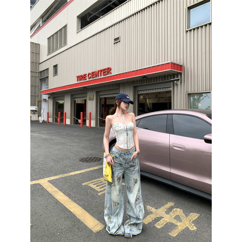 Liasynn สไตล์อเมริกันสลิมฟิตสวมใส่ด้านนอก Fishbone Tube Top สลิงหญิง Ruffian หล่อสาวร้อนหลวม Mopping กางเกงยีนส์ขากว้าง