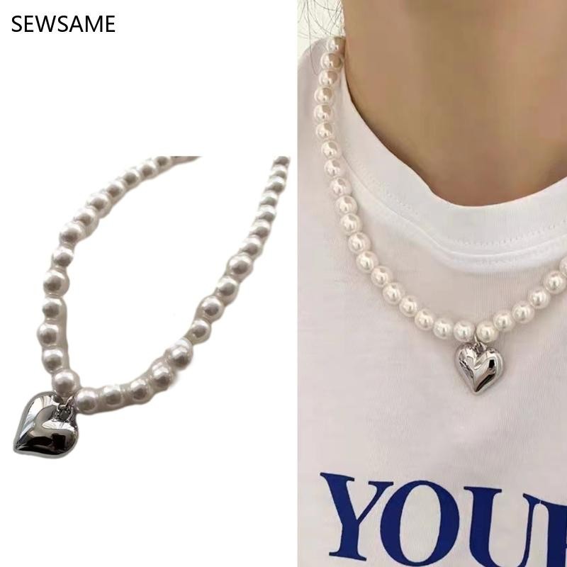 SEWSAME สร้อยคอมุกเทียม เครื่องประดับคอ สร้อยคอจี้หัวใจ วัสดุ CCB