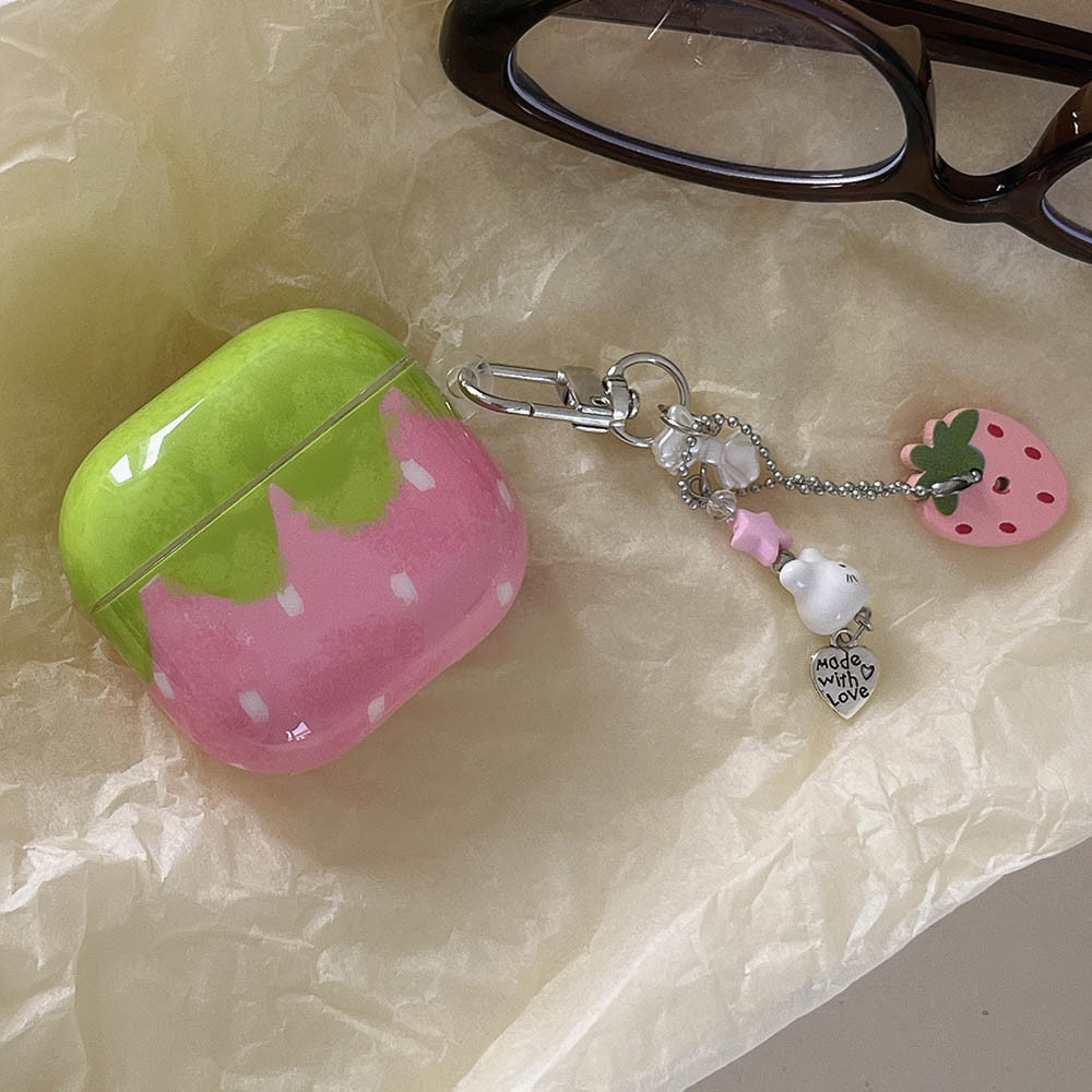 น่ารักน่ารักสีขาวลายจุดสตรอเบอร์รี่สีชมพูกันกระแทกฝาครอบป้องกันสําหรับ AirPods 1 2 3 4 Pro Pro2 Pro3 พร้อมจี้เสน่ห์
