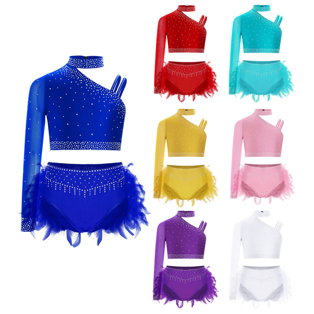 Yeahdor เด็กสาวเต้นรําเครื่องแต่งกาย Sparkly Rhinestones Tops ที่ไม่ซ้ํากันไหล่ไม่สม่ําเสมอ Crop Top พร้อมกางเกงขนนก