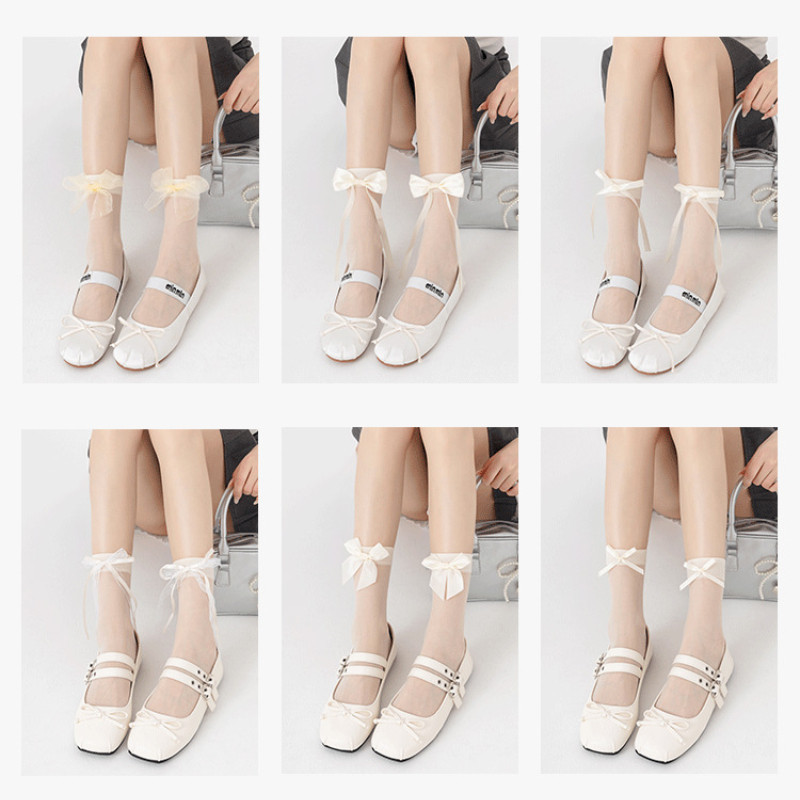 ถุงเท้าสตรีกลางหลอดบางโลลิต้านมสีขาวโบว์ญี่ปุ่นหวาน