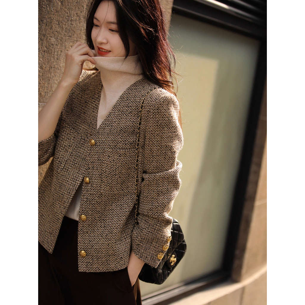 คาร์ดิแกน เบลเซอร์ สีดํา ผู้หญิง ผ้าทวีต สไตล์คุณหนู มีซับในตัว งานสวยหรูหรา เสื้อคลุม กระดุมผ่ากลาง แขนยาว Blazer - รูปที่ 5