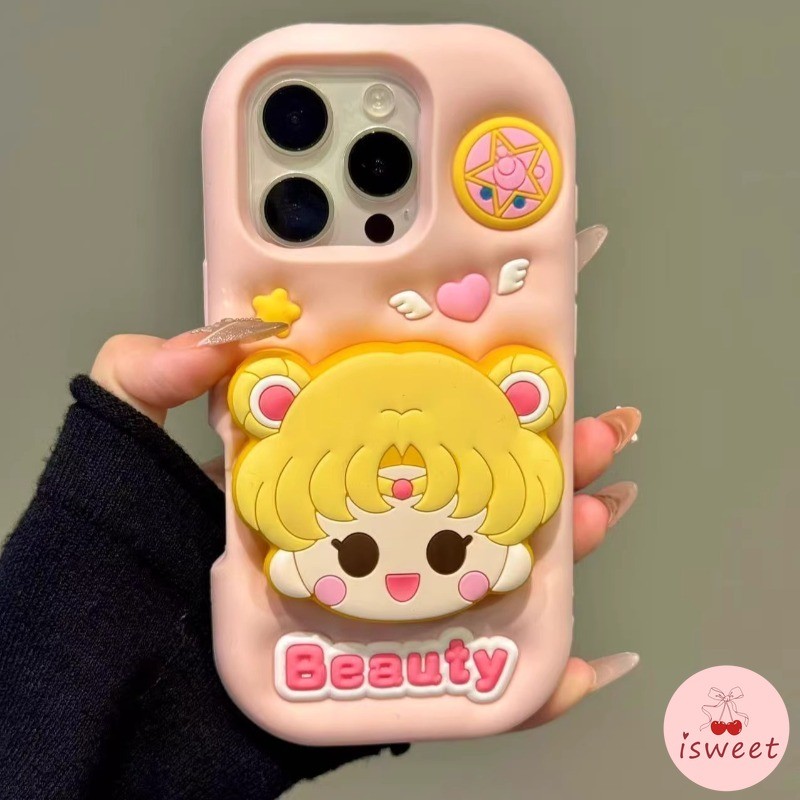การ์ตูนน่ารักเซเลอร์มูน Tsukino Usagi Kickstand เคสโทรศัพท์สําหรับ iPhone 17 16 15 14 13 12 11 Pro Max ซิลิโคนอ่อนนุ่มกันกระแทกฝาครอบ