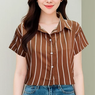 เสื้อเชิ้ตครอปผู้หญิงแขนสั้น ใส่สบาย สินค้าขายดี เสื้อฮาวายสไตล์เกาหลี Hawaii shirt ผ้าไหมอิตาลี เสื้อครอปแฟชั่นผู้หญิง