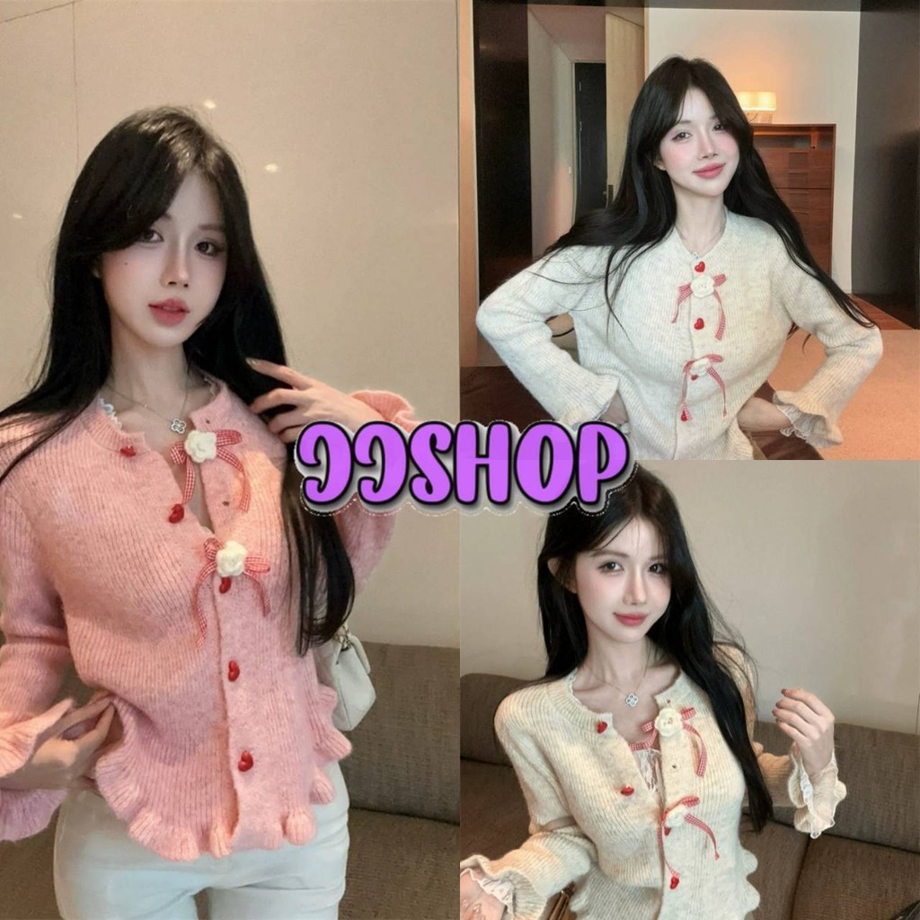 JJ Shop​ ​พร้อมส่ง เสื้อถักไหมพรมแขนยาง คอกลม น่ารักคาวาอี้ กระดุมหน้า สีพาสเทล "CL1075"